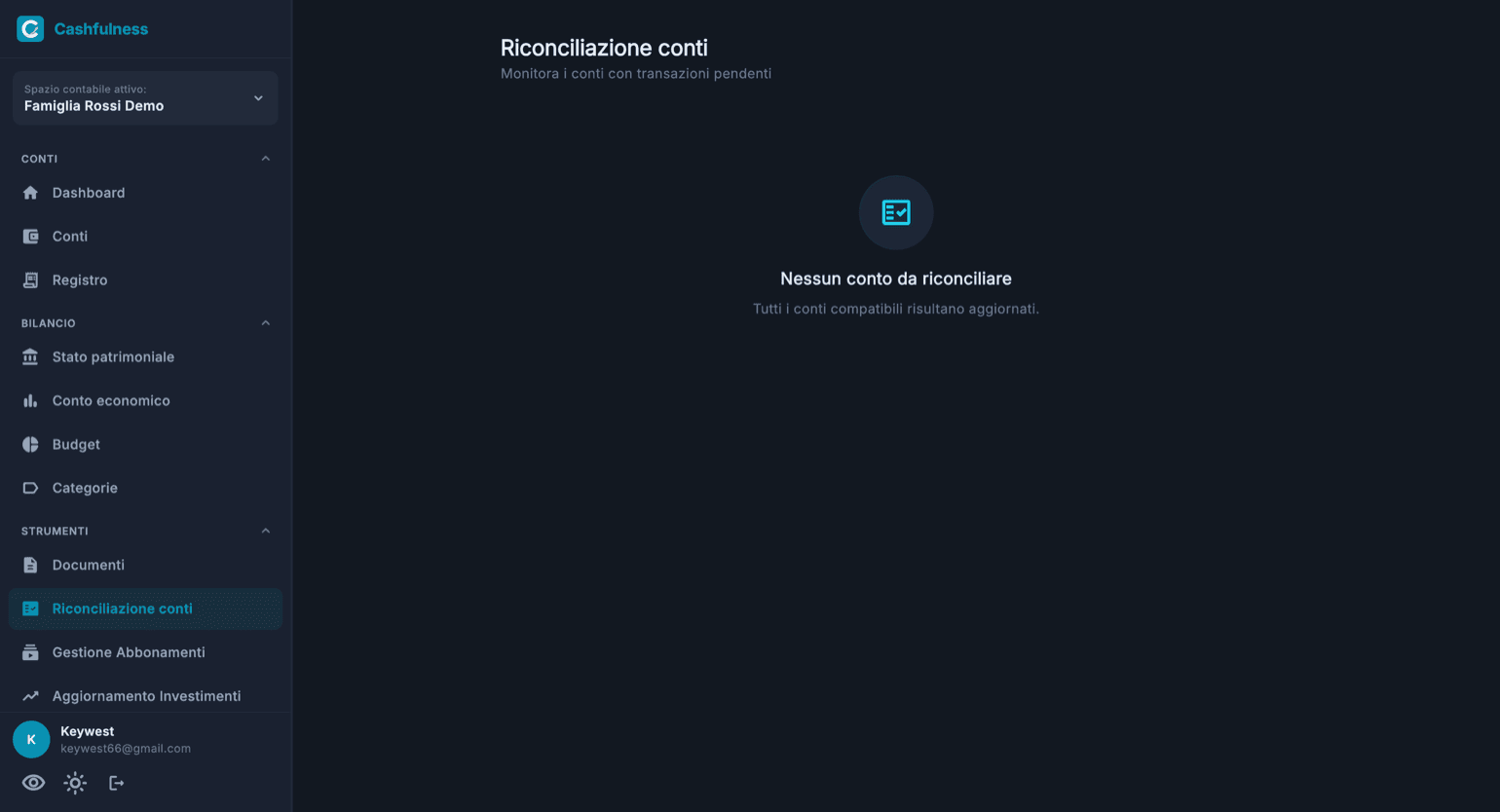 La pagina Riconciliazione conti con il messaggio Nessun conto da riconciliare e la conferma che tutti i conti compatibili risultano aggiornati.