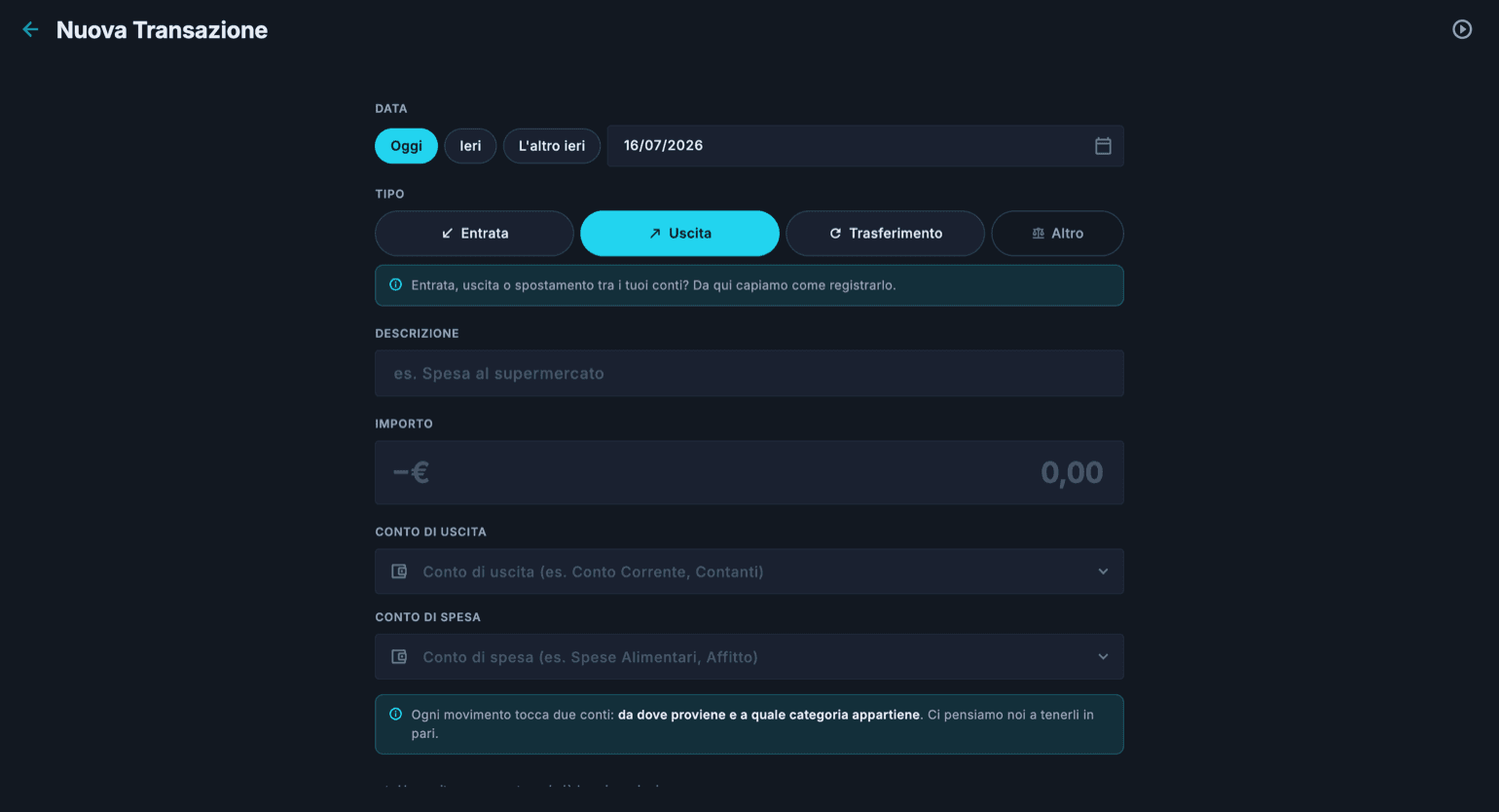 Maschera Nuova Transazione con i campi data, tipo di movimento, descrizione, importo e i conti di origine e destinazione