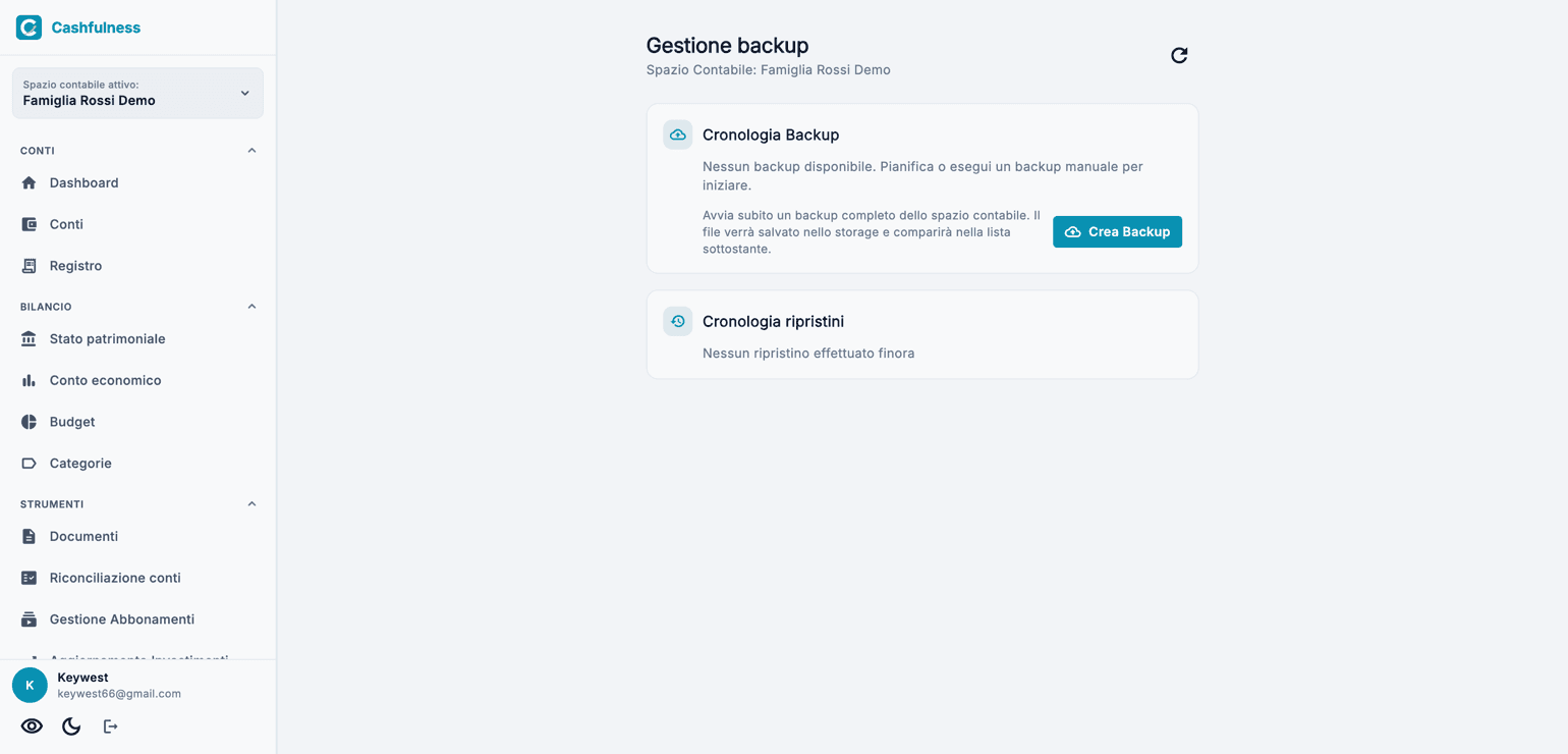 Pagina Gestione backup con il pulsante Crea Backup, la Cronologia Backup e la Cronologia ripristini.