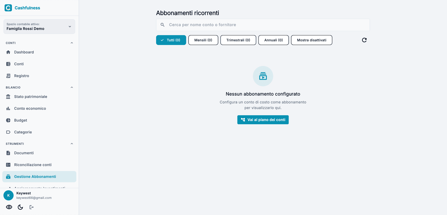 La pagina Abbonamenti ricorrenti con la barra di ricerca per nome conto o fornitore e i filtri Tutti, Mensili, Trimestrali, Annuali e Mostra disattivati.