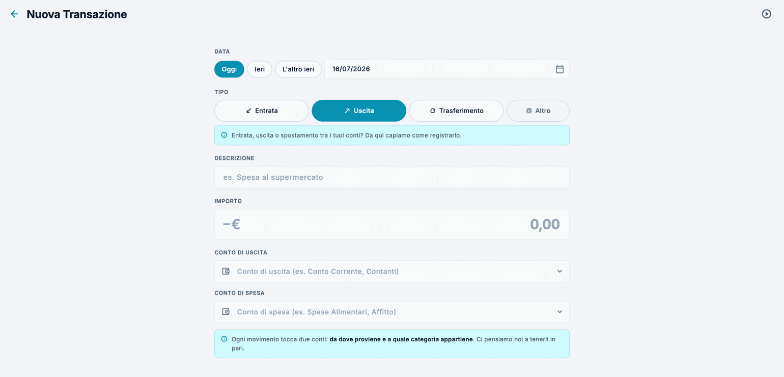 Maschera Nuova Transazione con i campi data, tipo di movimento, descrizione, importo e i conti di origine e destinazione